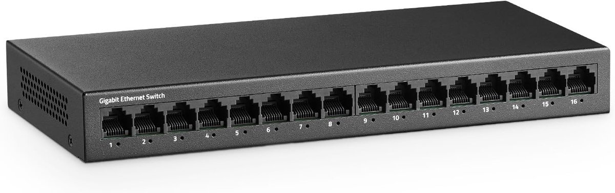 Gigabit Ethernet Switch 16-poorts - Ventilatievrij metalen switch - Plug-and-play netwerkoplossing