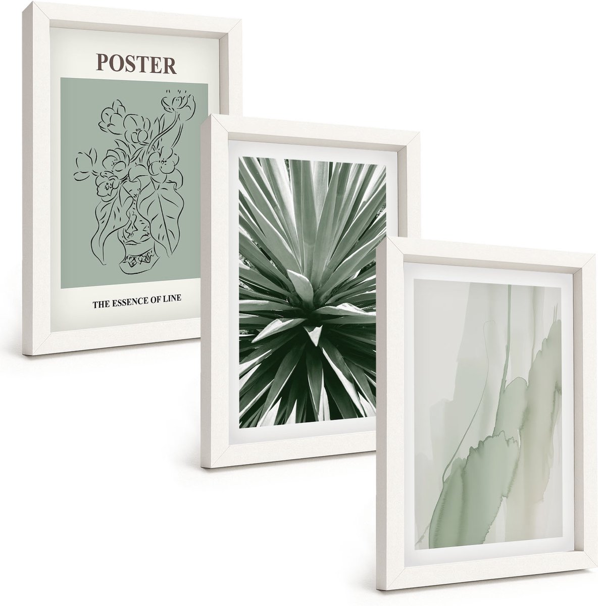 Tulup 3-Delige Schilderij Set - Plantenpatronen in tinten groen en beige - 20x30 - Muurdecoratie - Wanddecoratie - Slaapkamer