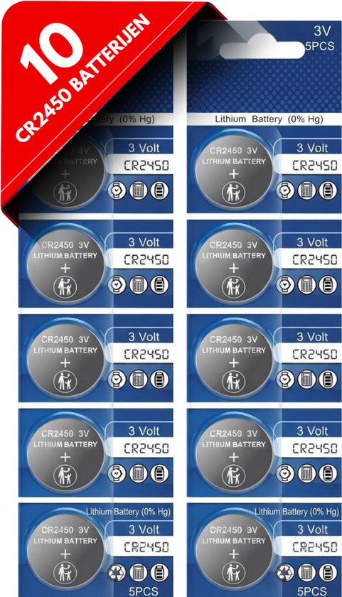 Verpakking met 10 stuks CR2450 3V lithium batterijen.