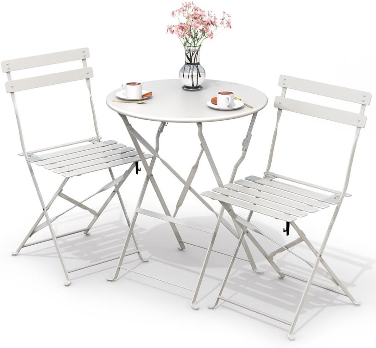 Stoeltafel - Wit - 3-delig - Stalen Bistroset met Opvouwbare Tafel en Stoelen - Voor Balkon en Tuin