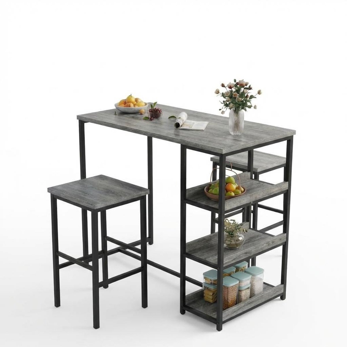 Ruimtebesparende 3‑delige bartafel‑eetset voor 2 personen – pubtafel met opbergplanken + 2 barkrukken – industrieel metaal en hout
