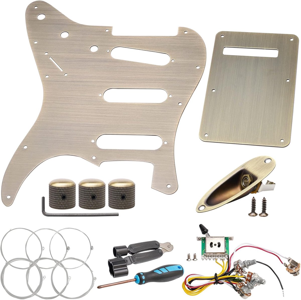 SSS Strat Guitar Pickguard and Backplate Set with Guitar Wiring Harness, Potentiometer Knob, Guitar Jack Socket and - ShopVlot