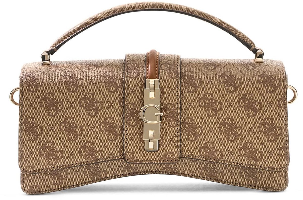 GUESS handtas schoudertas Yvonne Logo Mini Top Handle Flap Latte Logo Lichtbruin