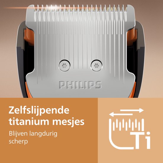 Close-up van de zelf slijpende titanium mesjes van de Philips haartrimmer.