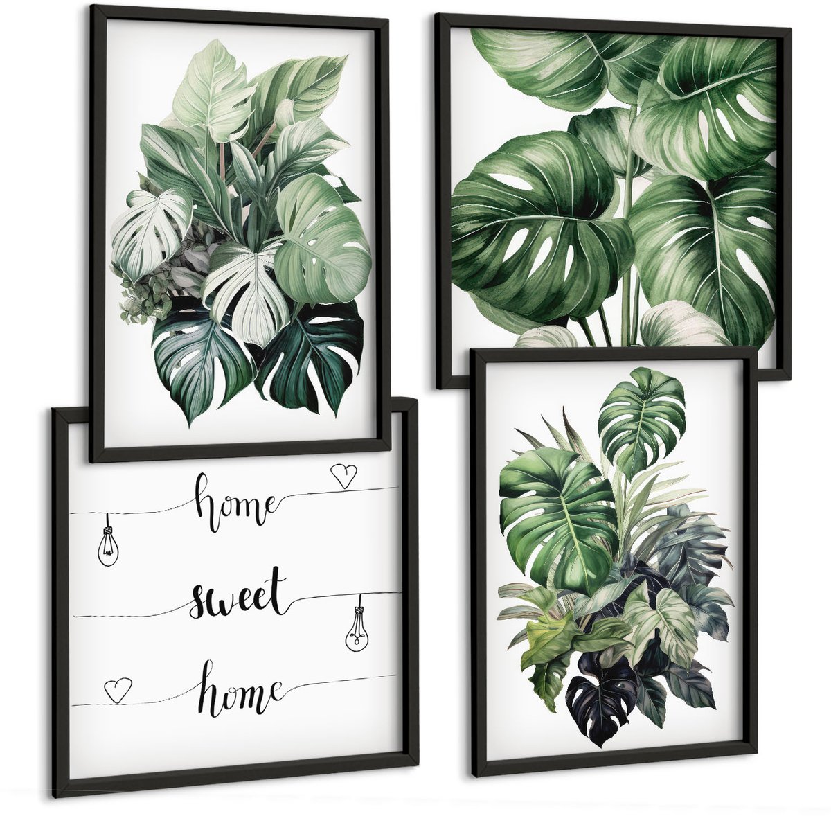 Tulup 4-Delige Schilderij Set - Groene bladeren van tropische planten, aquarelverf - 40 x 40 cm en 40 x 60 cm - Wanddecoratie - Schilderijen Set - Interieur