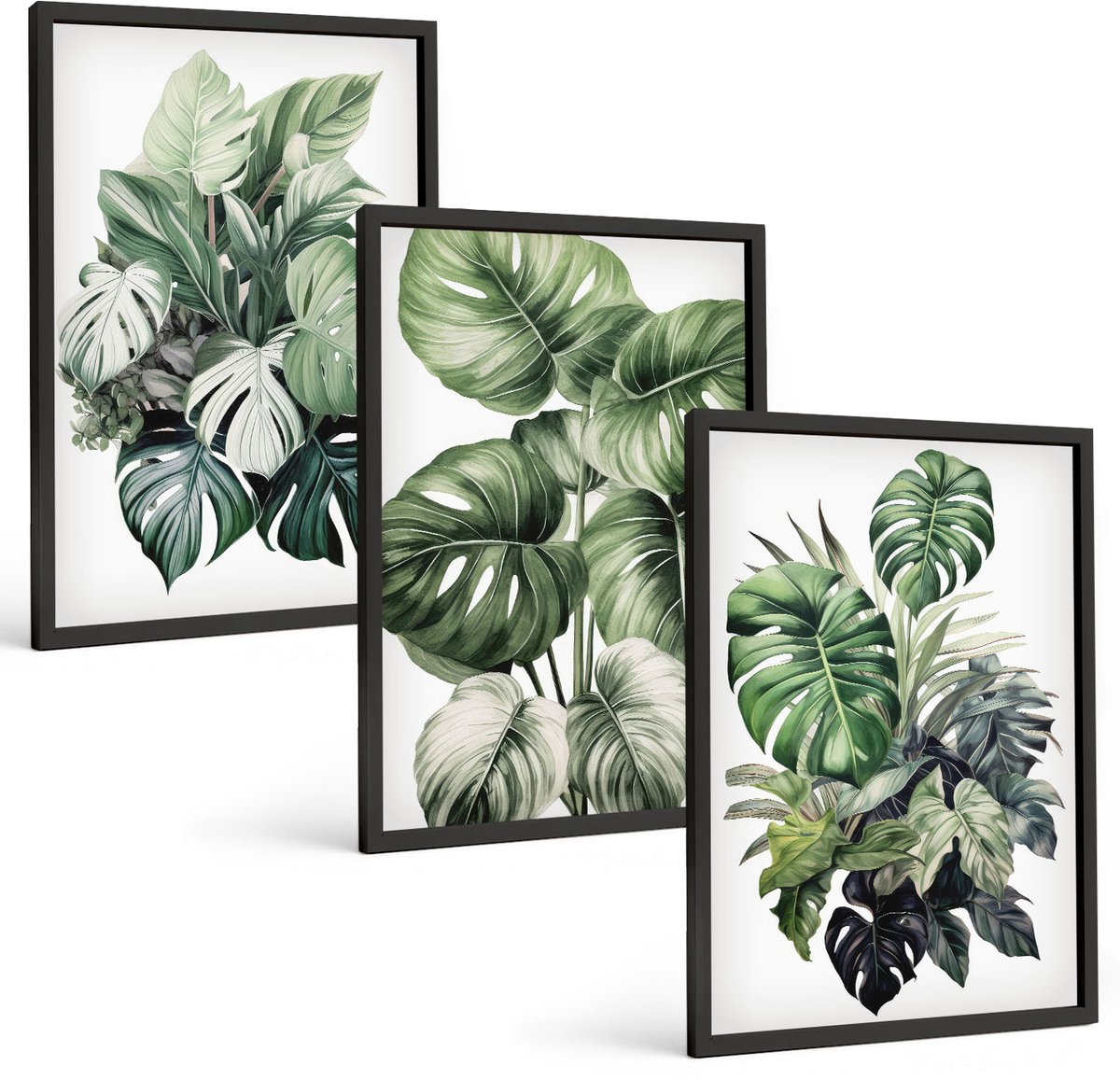 Tulup 4-Delige Schilderij Set - Groene bladeren van tropische planten, aquarelverf - 40 x 60 cm - Decoratieve Schilderijen - Wanddecoratie - Hal