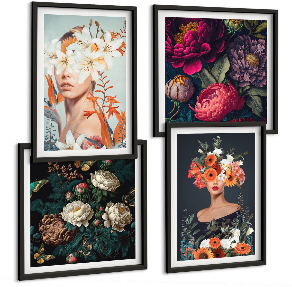 Tulup 4-Delige Schilderij Set - Bloemenportretten met kleurrijke boeketten en bladeren - 40 x 40 cm en 40 x 60 cm - Wanddecoratie - Muurdecoratie - Woonkamer - Moderne Wanddecoratie