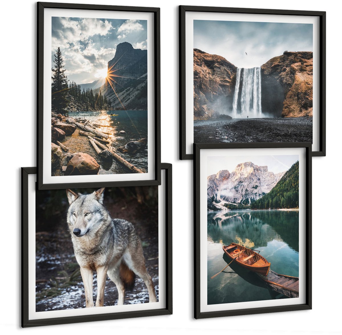 Tulup 4-Delige Schilderij Set - Bergen, meren, watervallen en wolven in een natuurlijke omgeving. - 40 x 40 cm en 40 x 60 cm - Stijlvolle Muurdecoratie - Kantoor - Moderne Wanddecoratie