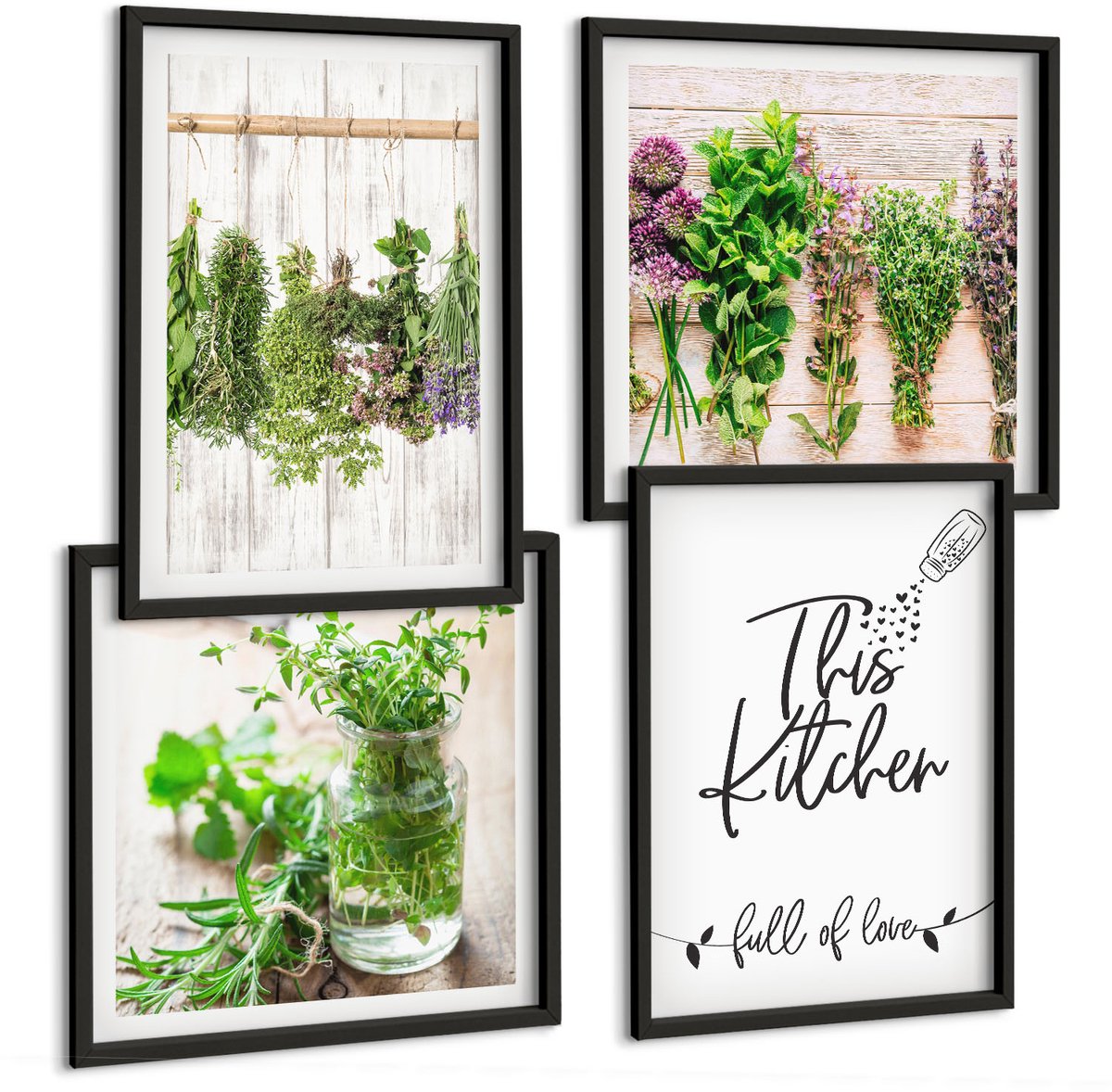 Tulup 4-Delige Schilderij Set - Kruiden en planten drogen voor in de keuken - 40 x 40 cm en 40 x 60 cm - Decoratieve Schilderijen - Wanddecoratie - Hal