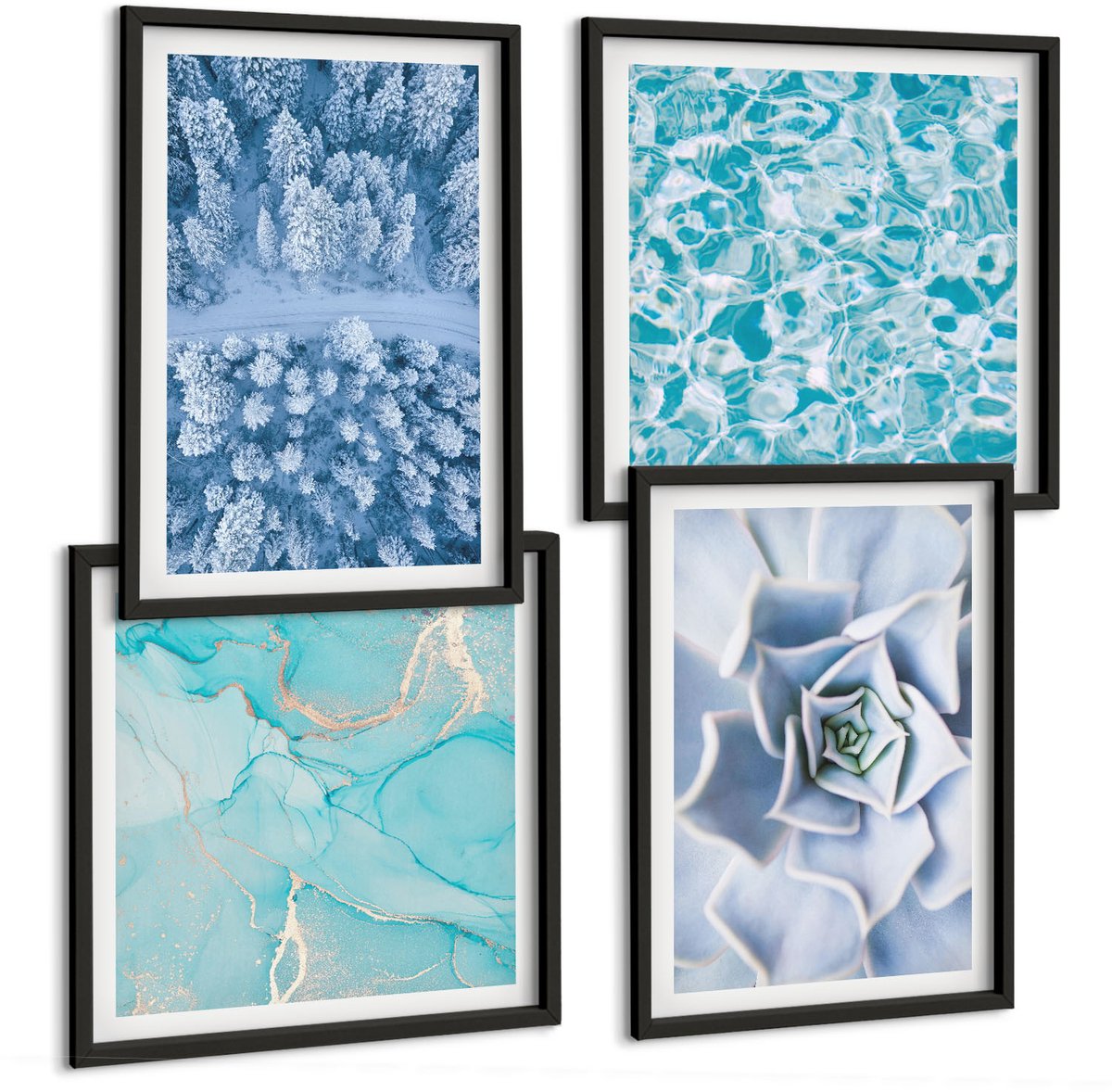 Tulup 4-Delige Schilderij Set - Winterbos, blauwe bloem, blauw wateroppervlak - 40 x 40 cm en 40 x 60 cm - Decoratieve Muurdecoratie - Slaapkamer - Moderne Wanddecoratie