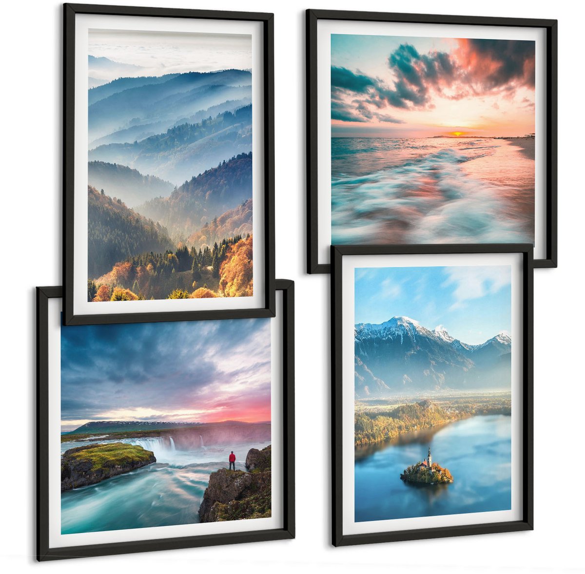 Tulup 4-Delige Schilderij Set - Schilderachtige berglandschappen en watervallen in de natuur. - 40 x 40 cm en 40 x 60 cm - Moderne Wanddecoratie - Woonkamer