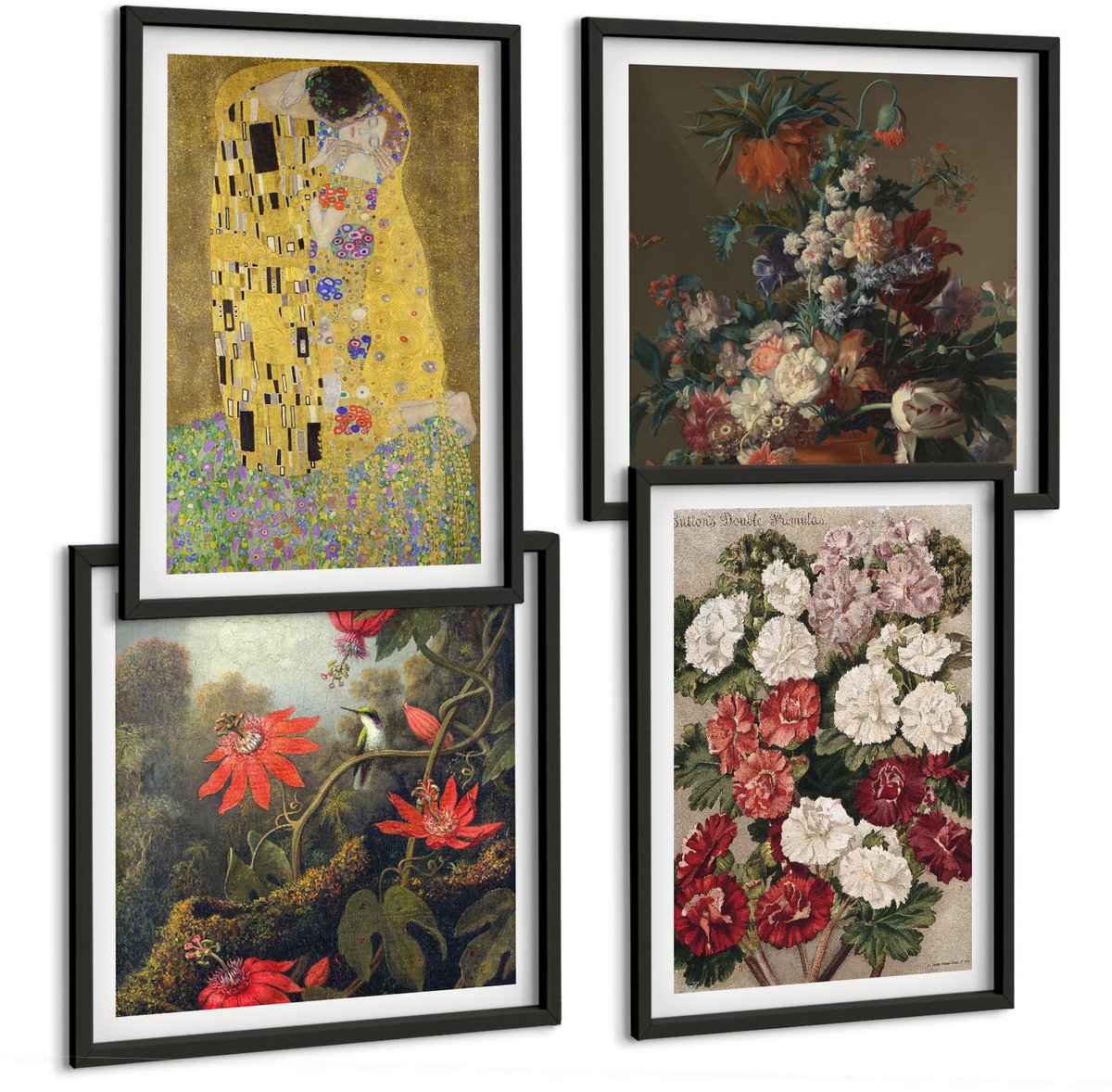 Tulup 4-Delige Schilderij Set - Bloemen en bomen in de schilderstijl van De Kus van Gustav Klimt. - 40 x 40 cm en 40 x 60 cm - Stijlvolle Muurdecoratie - Slaapkamer - Decoratieve Schilderijen