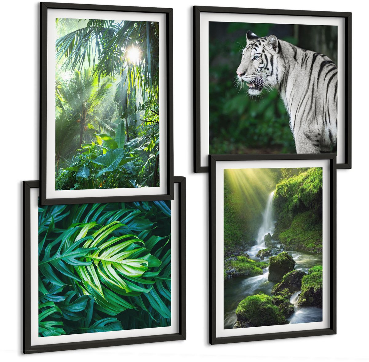 Tulup 4-Delige Schilderij Set - Jungle met een witte tijger en een wilde waterval - 40 x 40 cm en 40 x 60 cm - Wanddecoratie - Muurdecoratie - Moderne Interieurdecoratie