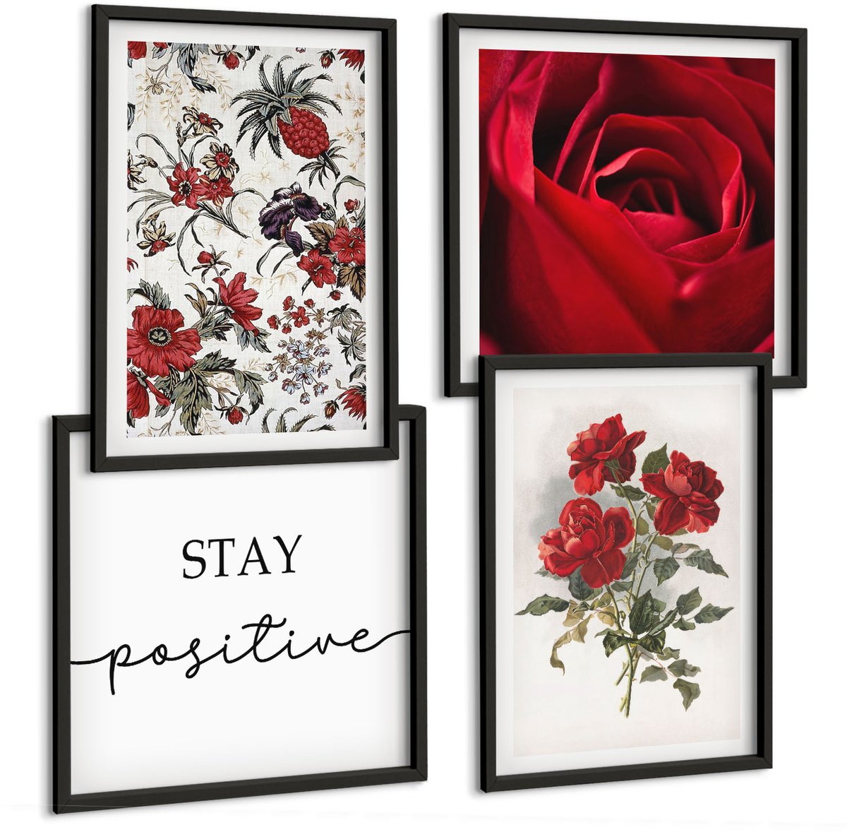 Tulup 4-Delige Schilderij Set - Rode rozen en inspirerende letters - 40 x 40 cm en 40 x 60 cm - Stijlvolle Wanddecoratie - Interieur - Woonkamer Decoratie