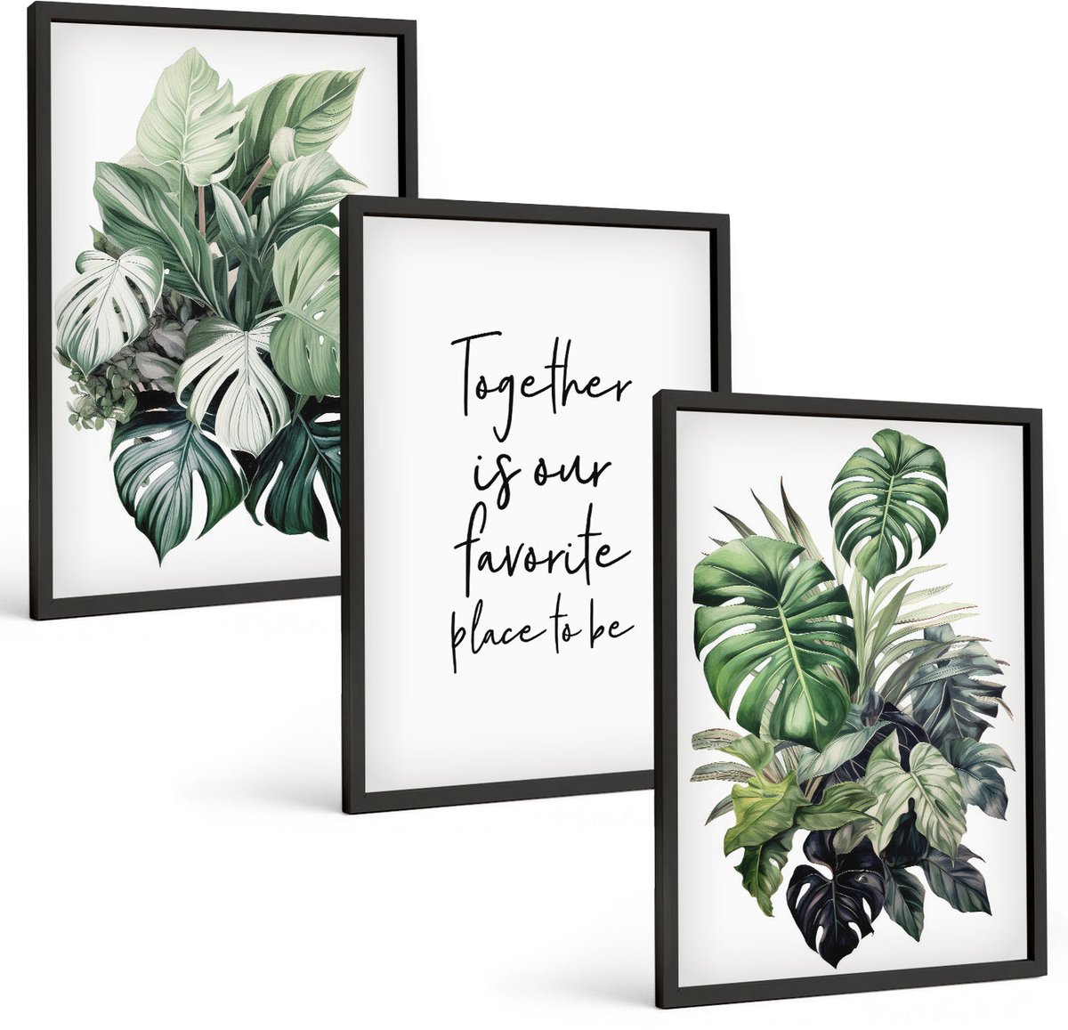 Tulup 4-Delige Schilderij Set - Groene bladeren van tropische planten met decoratieve inscriptie - 40 x 60 cm - Wanddecoratie - Muurdecoratie - Woonkamer - Stijlvolle Muurdecoratie
