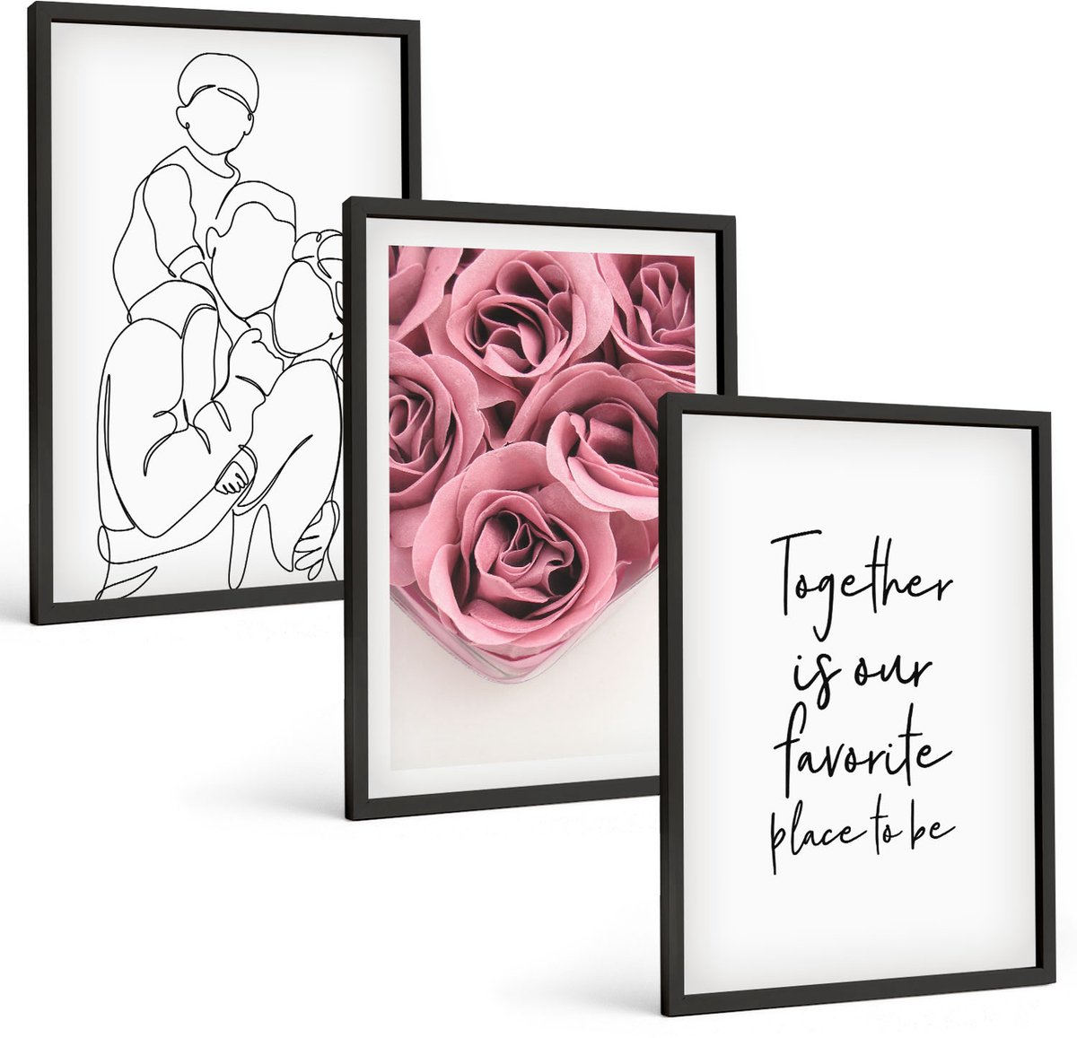 Tulup 4-Delige Schilderij Set - Familie Lineart Rozenboeketten Inscriptie Thuis - 40 x 60 cm - Stijlvolle Muurdecoratie - Kantoor - Interieur Decoratie