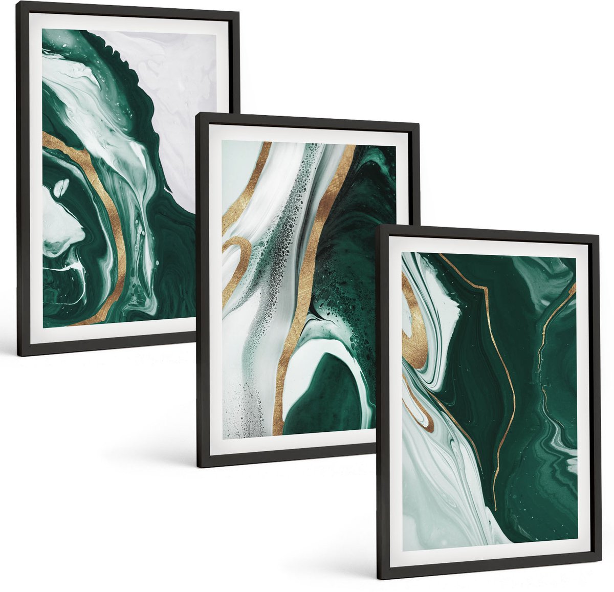 Tulup 4-Delige Schilderij Set - Abstracte verfpatronen in groen en wit - 40 x 60 cm - Moderne Wanddecoratie - Woonkamer - Interieur Decoratie