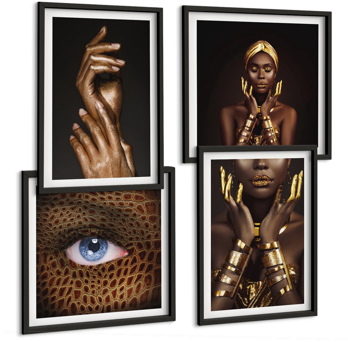 Tulup 4-Delige Schilderij Set - Elegante portretten van een Afrikaanse vrouw - 40 x 40 cm en 40 x 60 cm - Schilderijen Set - Wanddecoratie - Woonkamer - Moderne Wanddecoratie