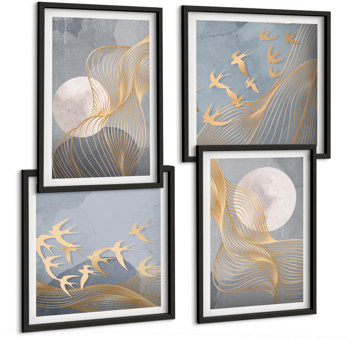 Tulup 4-Delige Schilderij Set - Abstracte patronen met golven en cirkels op een grijze achtergrond. - 40 x 40 cm en 40 x 60 cm - Muurdecoratie - Wanddecoratie - Hal