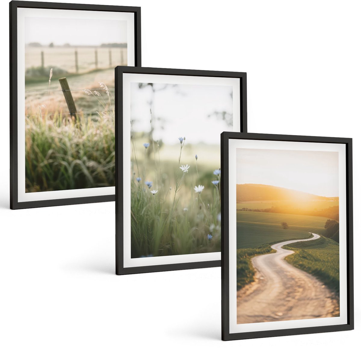 Tulup 4-Delige Schilderij Set - Landschap met een weide, een weg en een zonsondergang. - 40 x 60 cm - Moderne Wanddecoratie - Woonkamer - Woonkamer Decoratie