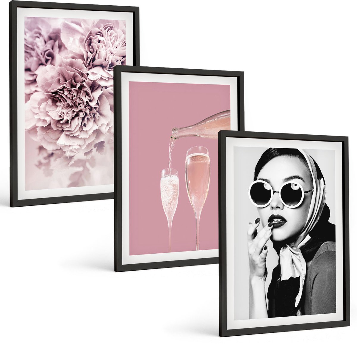 Tulup 4-Delige Schilderij Set - Bloemen in verschillende tinten roze en een elegante vrouw - 40 x 60 cm - Moderne Wanddecoratie - Woonkamer
