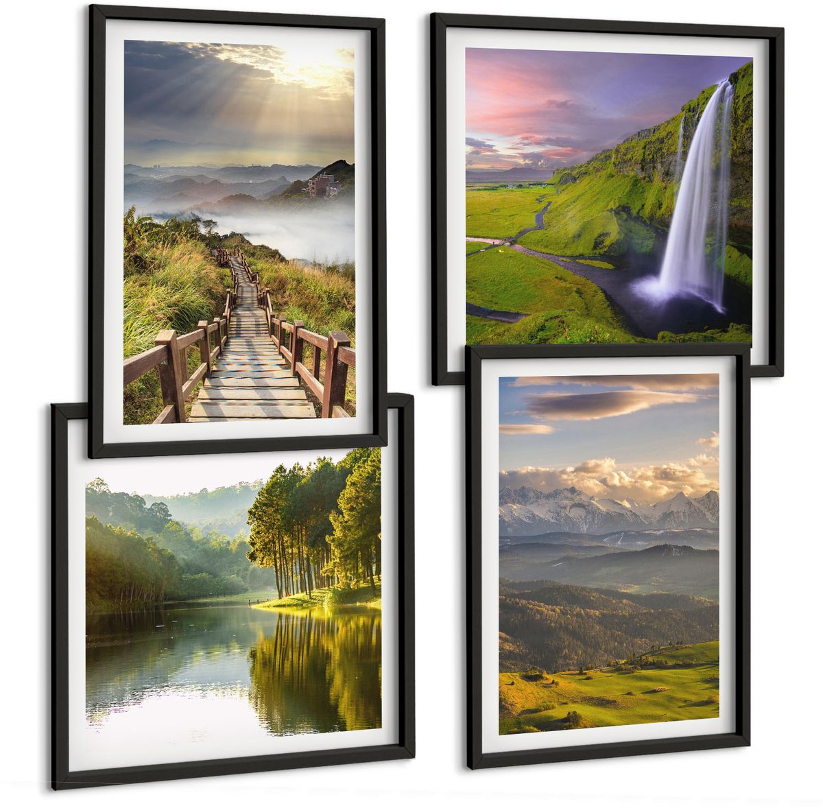 Tulup 4-Delige Schilderij Set - Schilderachtige berglandschappen met een waterval en een pad. - 40 x 40 cm en 40 x 60 cm - Muurdecoratie - Decoratieve Schilderijen - Wohnzimmer