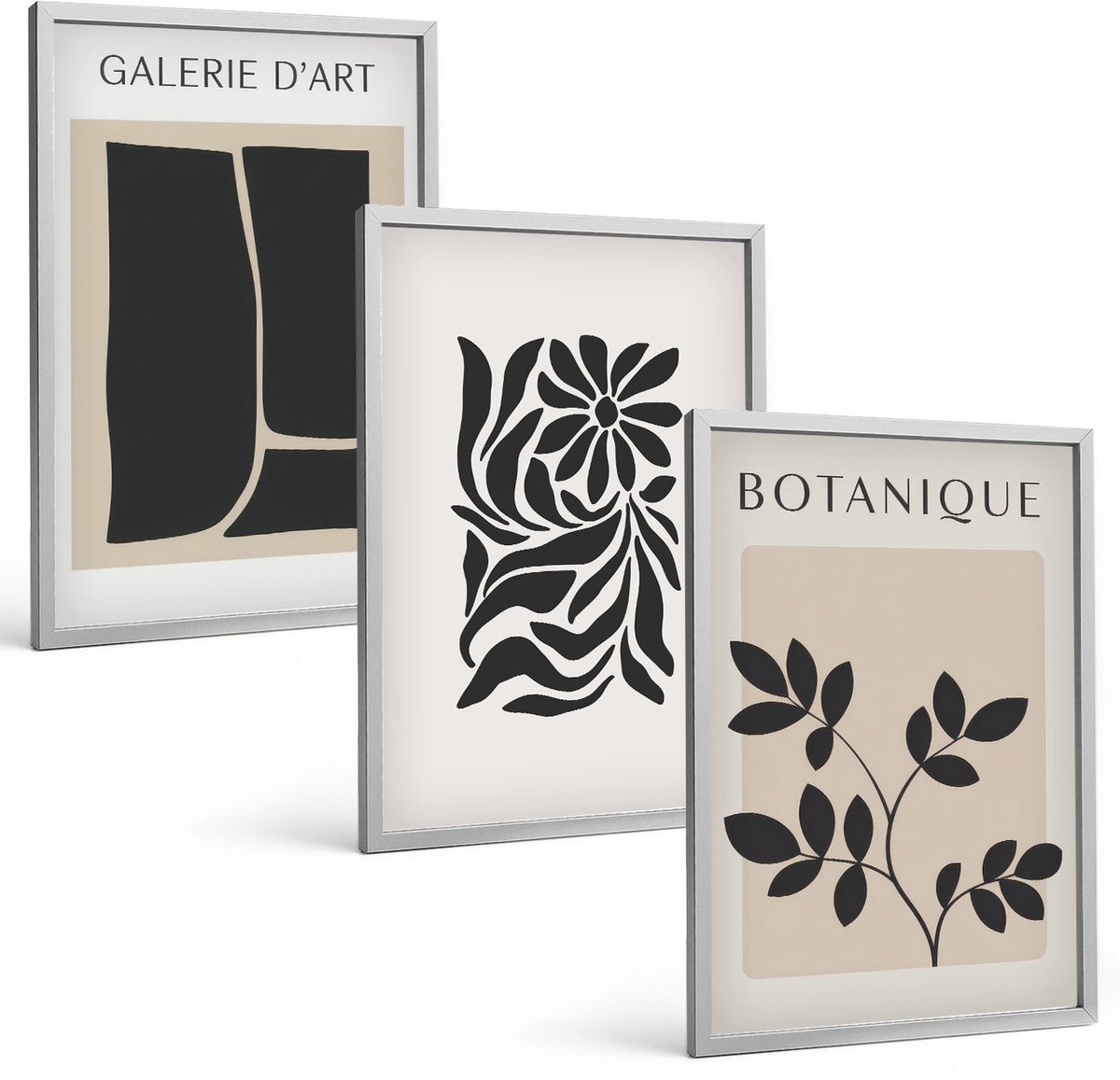 TULUP 4-Delige Schilderij Set - Abstracte bloemenpatronen en geometrische vormen - 40 x 60 cm - Decoratieve Schilderijen - Woonkamer - Interieur Zilveren lijst
