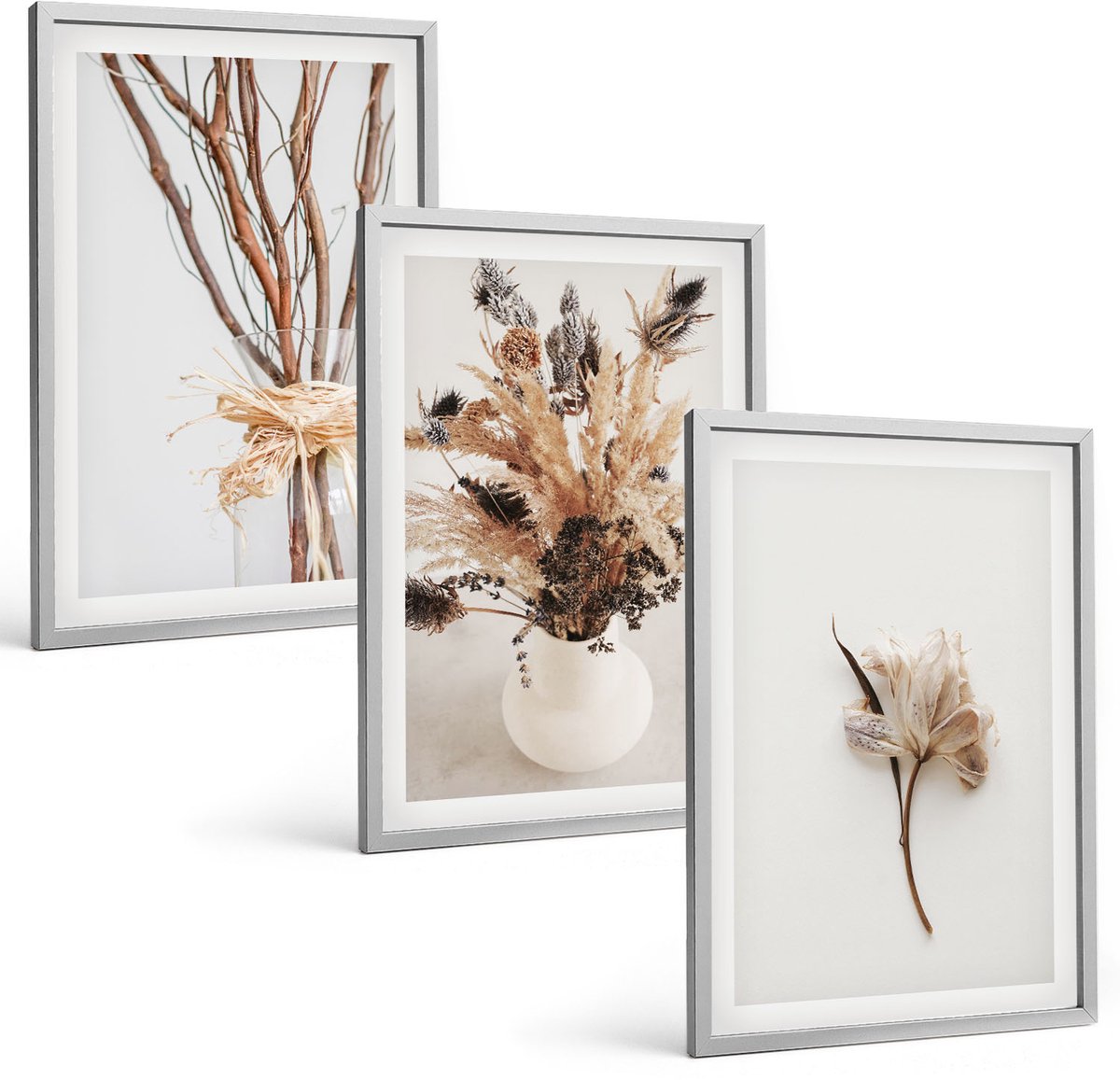TULUP 4-Delige Schilderij Set - Bloemen en takken in een minimalistische, natuurlijke stijl. - 40 x 60 cm - Wanddecoratie - Schilderijen Set - Interieur - Moderne Wanddecoratie Zilveren lijst