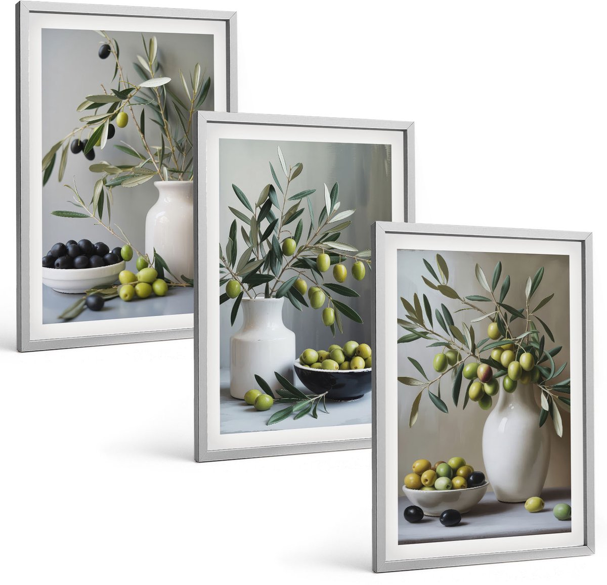 TULUP 4-Delige Schilderij Set - Olijven in vazen ​​met takken op een grijze achtergrond - 40 x 60 cm - Muurdecoratie - Decoratieve Schilderijen - Wohnzimmer - Wanddecoratie Zilveren lijst