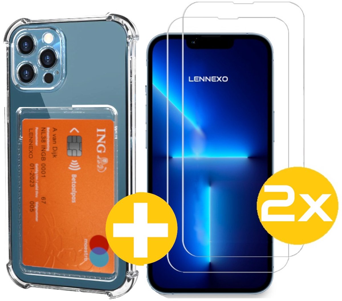 Pashouder Hoesje en Screenprotector Combi Geschikt Voor iPhone 13 Pro - Pasjeshouder + 2x Screenprotector