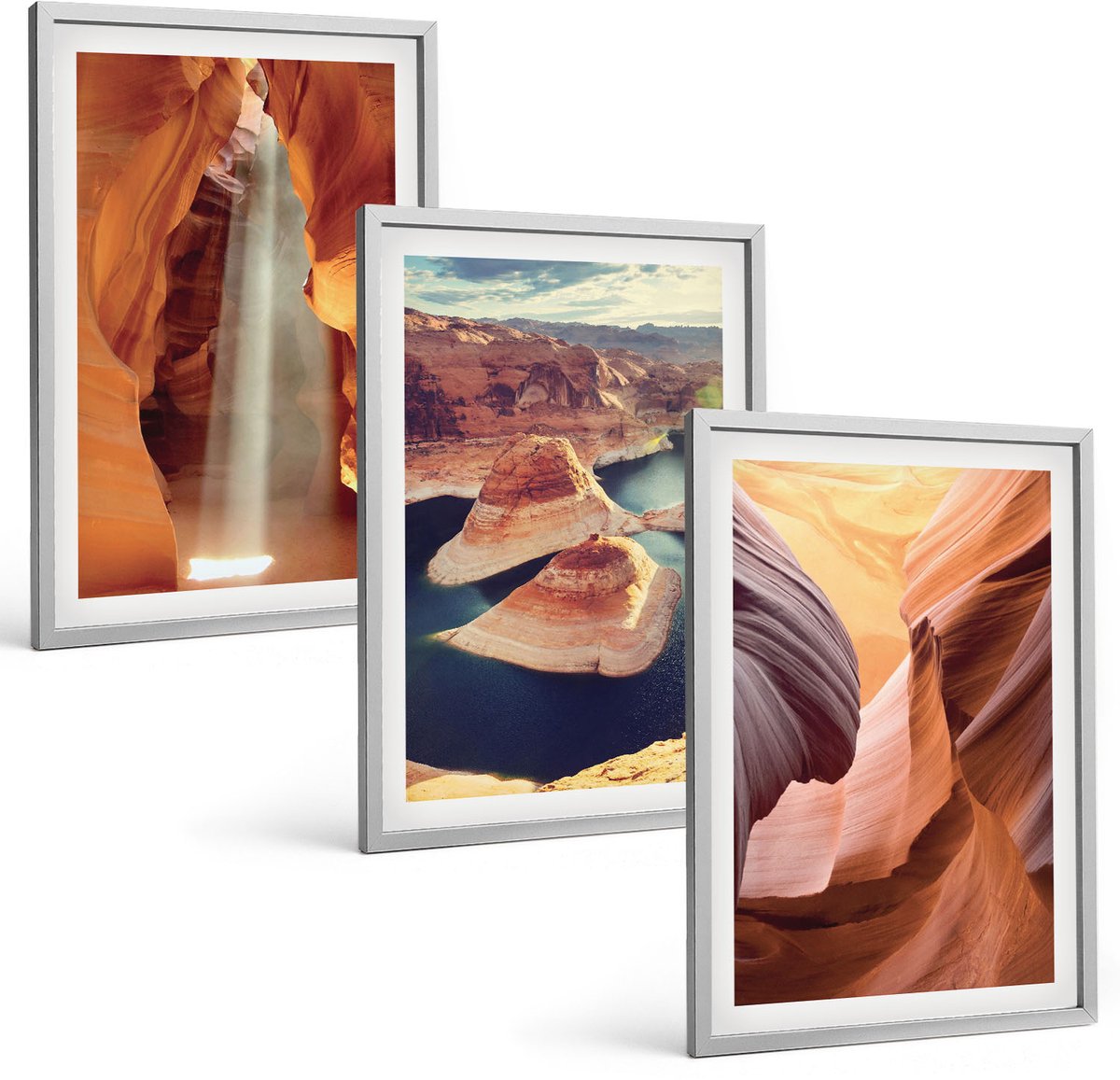 TULUP 4-Delige Schilderij Set - Waterval in de kloof Rotsformaties in de canyon - 40 x 60 cm - Decoratieve Schilderijen - Woonkamer - Interieur - Wanddecoratie Zilveren lijst