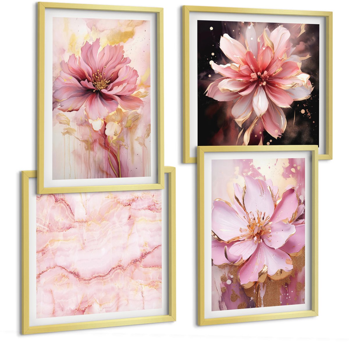TULUP 4-Delige Schilderij Set - Bloemencomposities in roze en witte tinten. - 40 x 40 cm en 40 x 60 cm - Muurdecoratie - Wanddecoratie - Hal - Decoratieve Schilderijen Gouden lijst