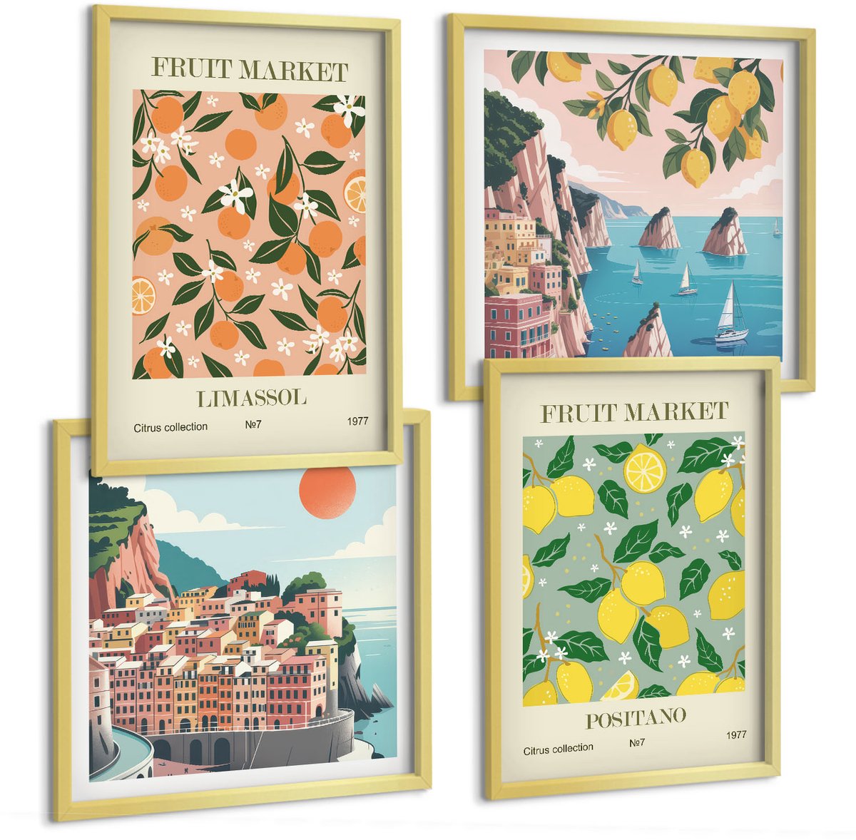 TULUP 4-Delige Schilderij Set - Citrusvruchten en tropisch fruit op Italiaanse wijze - 40 x 40 cm en 40 x 60 cm - Stijlvolle Wanddecoratie - Interieur - Interieur Decoratie Gouden lijst