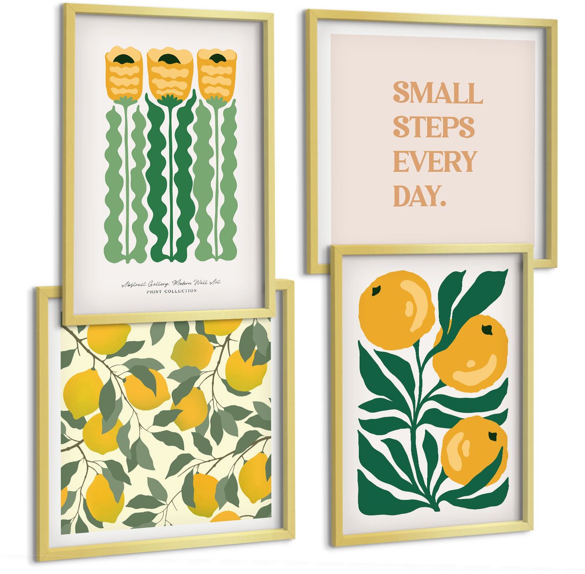 TULUP 4-Delige Schilderij Set - Plantenpatronen met bloemen en bladeren (posters) - 40 x 40 cm en 40 x 60 cm - Decoratieve Muurdecoratie - Slaapkamer - Interieur Decoratie Gouden lijst