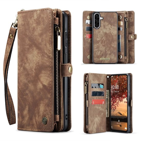 Portefeuille marron pour téléphone avec dragonne, compartiment zippé et porte-cartes.