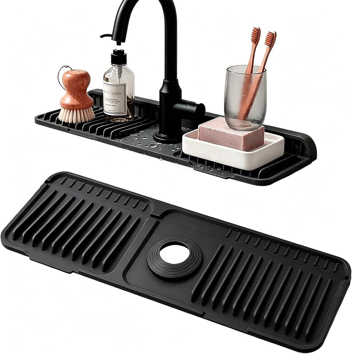 Spoelbak Splash Guard - Zwart - 45 x 40 cm - Siliconen Kraanmat met Knop - Voor Keuken en Badkamer