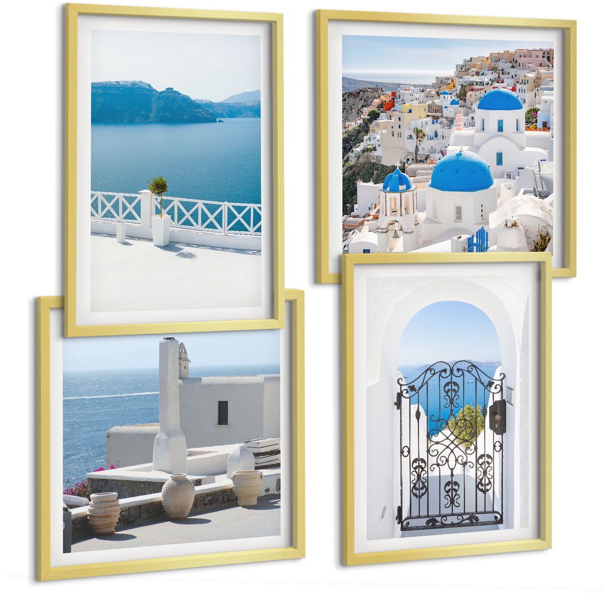 TULUP 4-Delige Schilderij Set - Zeezicht met witte gebouwen in Griekenland - 40 x 40 cm en 40 x 60 cm - Decoratieve Schilderijen - Wanddecoratie - Hal - Woonkamer Decoratie Gouden lijst