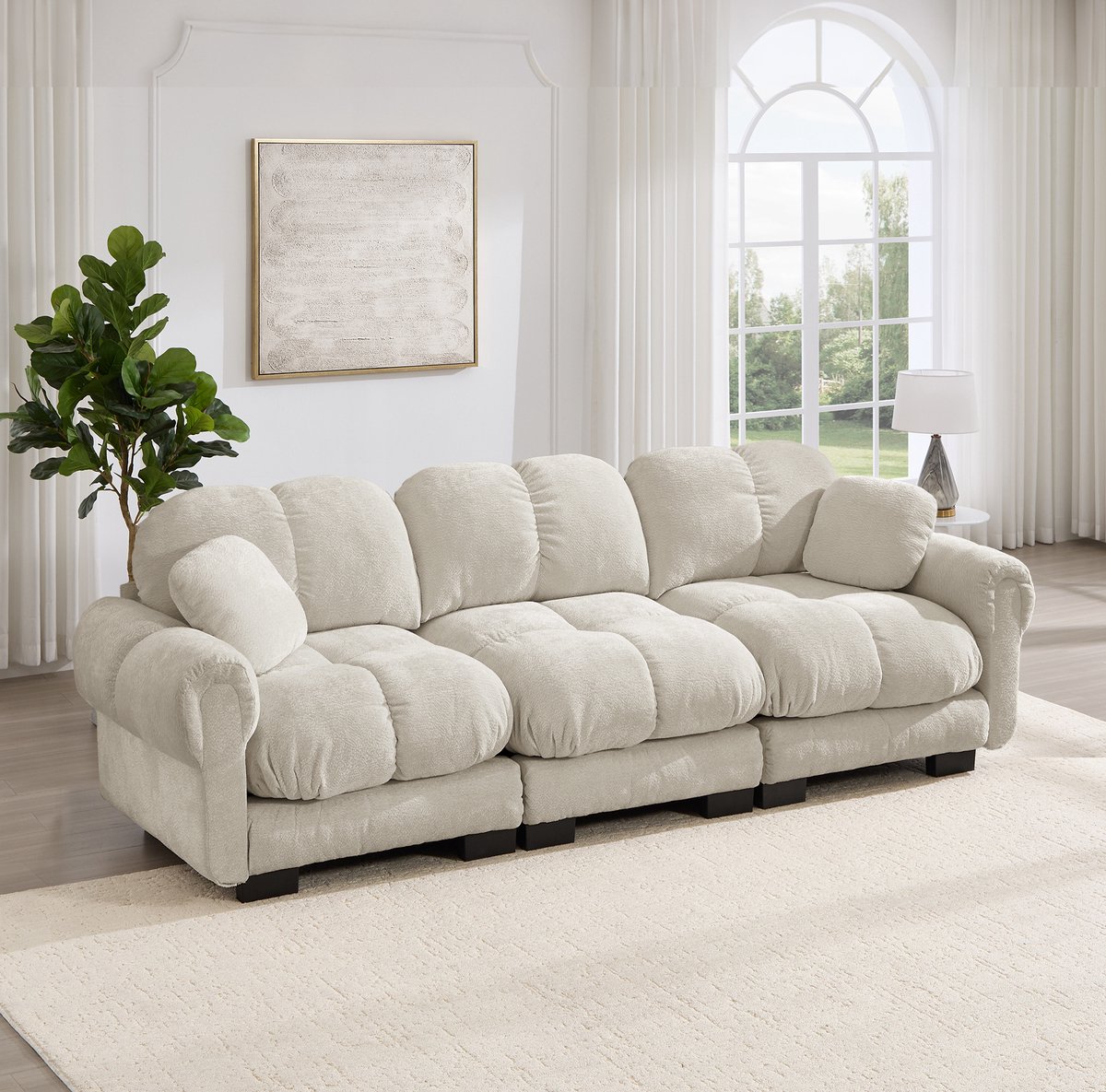 MODENUIT Zitbank 260 cm - 3-Zits Cloud-Sofa Met 2 Sierkussens - Voor Woonkamer - Chenille - Licht Khaki