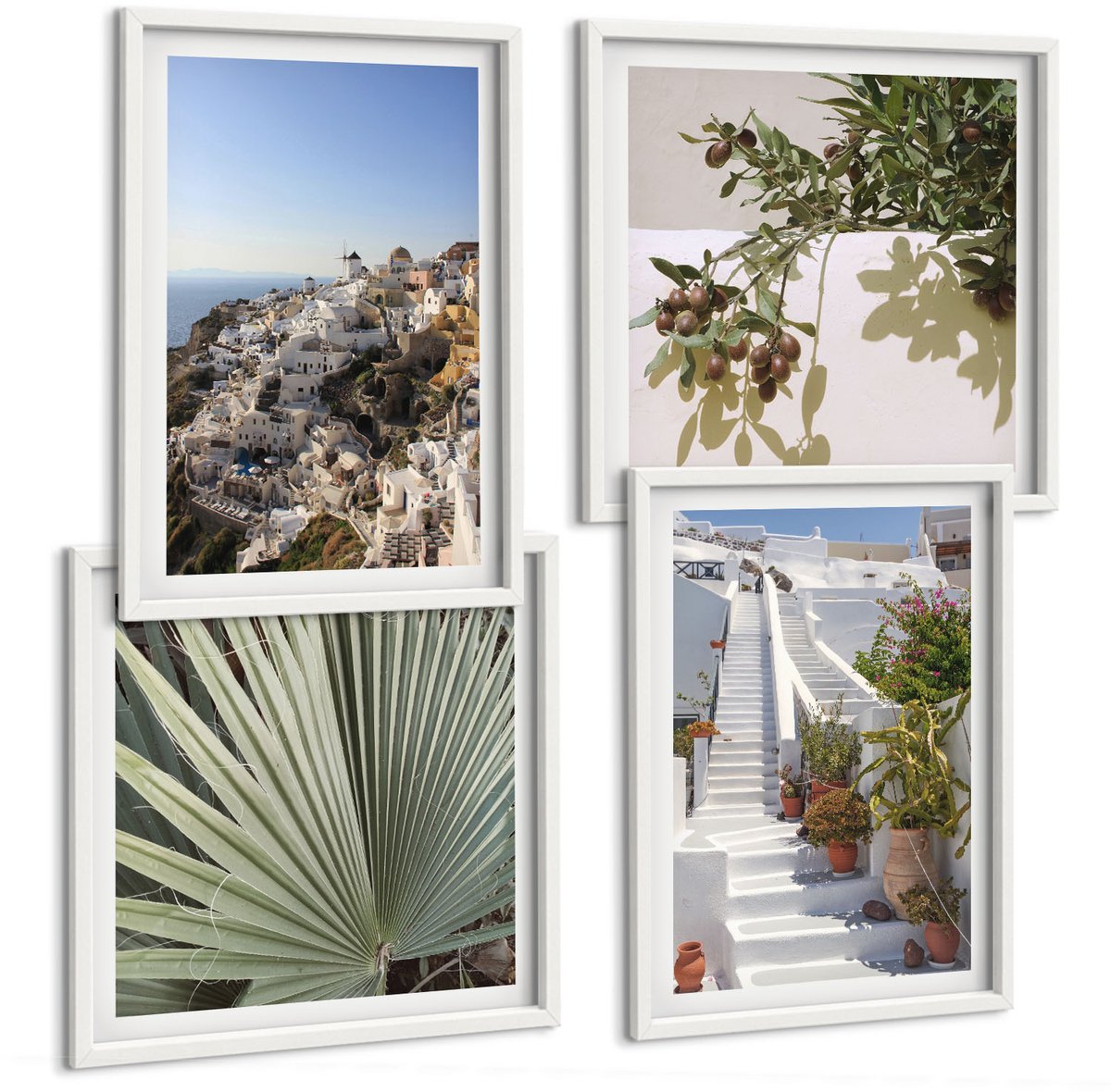Tulup 4-Delige Schilderij Set - Witte trappen op Santorini met uitzicht over de stad - 40x40 en 40x60 - Stijlvolle Muurdecoratie - Slaapkamer
