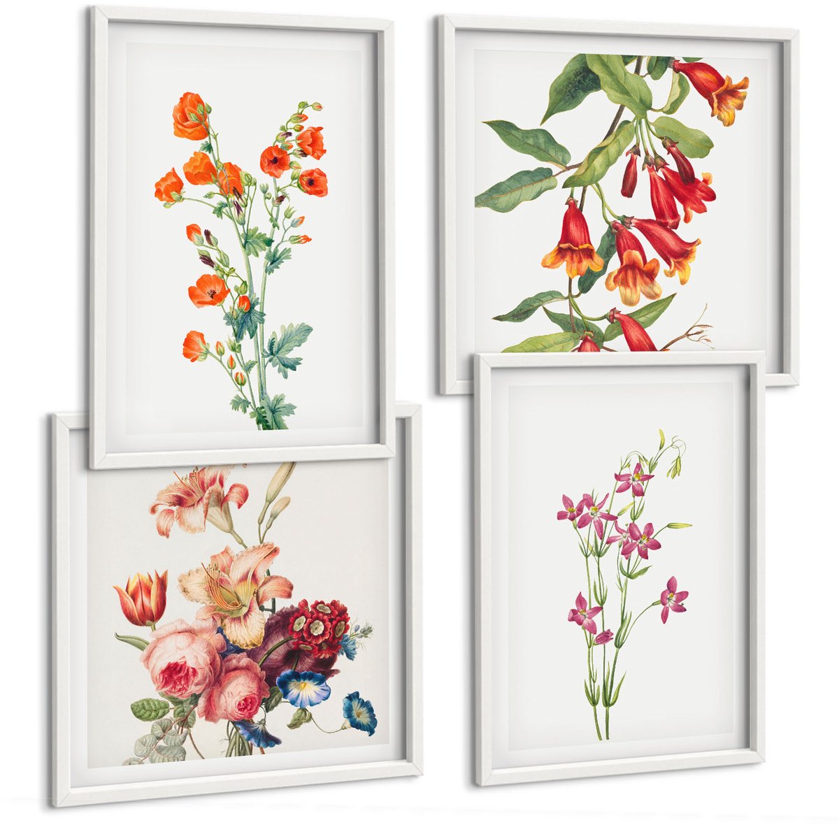 Tulup 4-Delige Schilderij Set - Vintage retro bloemenschilderij - 40x40 en 40x60 - Muurdecoratie - Wanddecoratie - Slaapkamer - Moderne Wanddecoratie