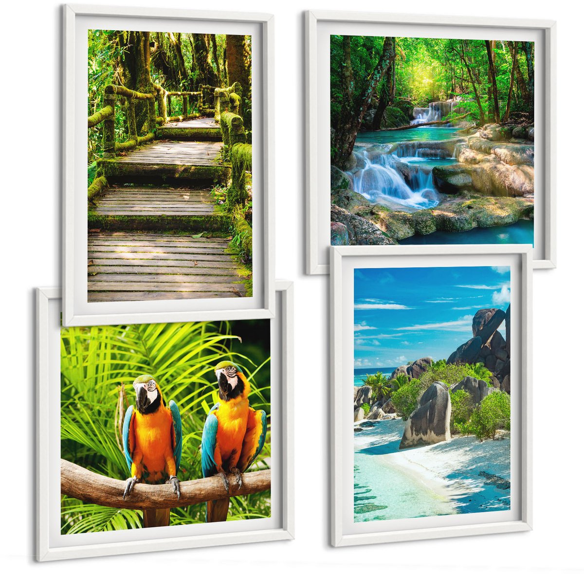 Tulup 4-Delige Schilderij Set - Tropisch bos met waterval en kleurrijke papegaaien - 40x40 en 40x60 - Wanddecoratie - Moderne Interieurdecoratie - Moderne Wanddecoratie