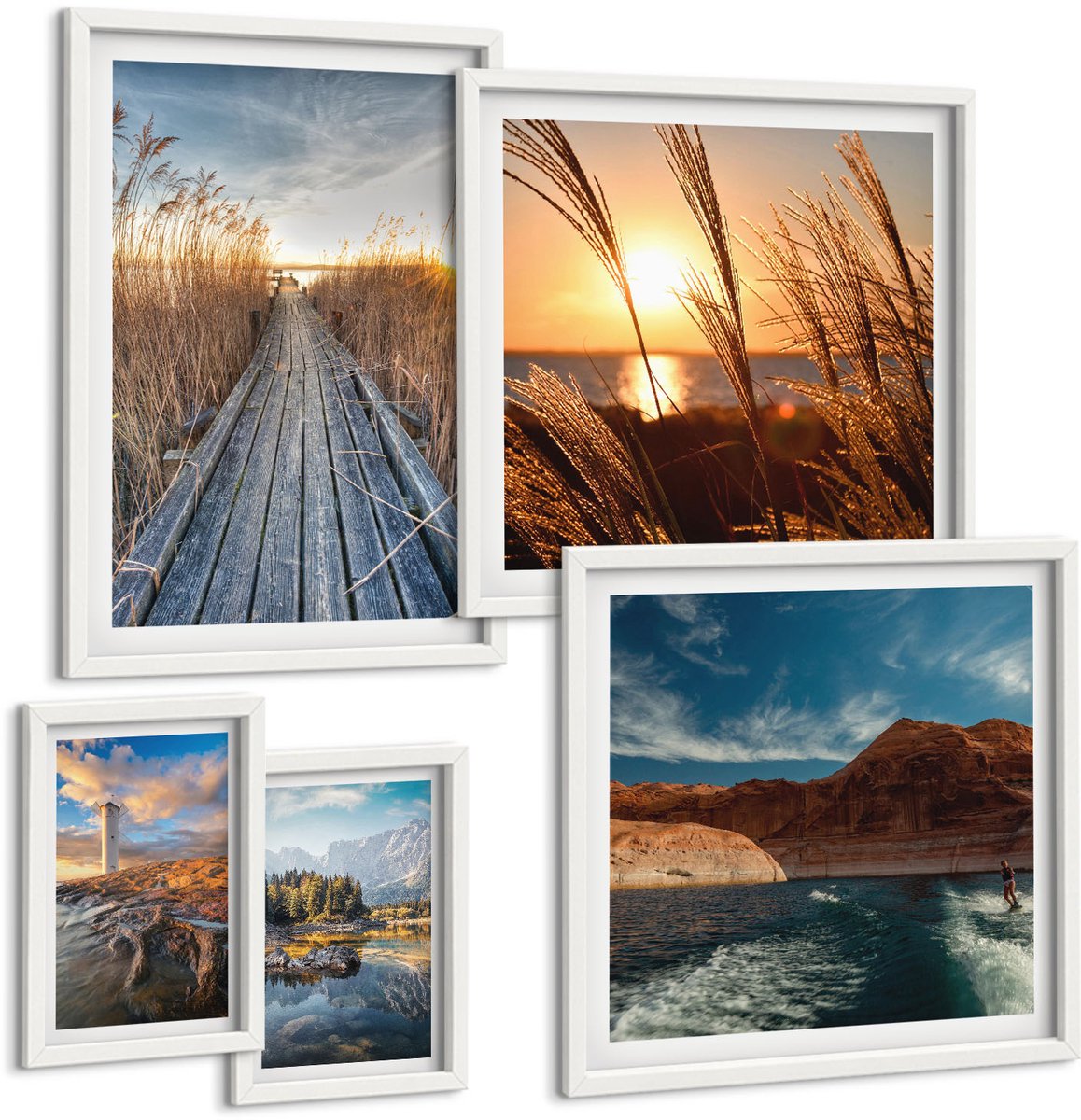 Tulup 4-Delige Schilderij Set - Natuurlijke landschappen met water en vegetatie langs het pad. - 50 x 50 cm, 20 x 30 cm en 40 x 60 cm - Moderne Wanddecoratie - Woonkamer