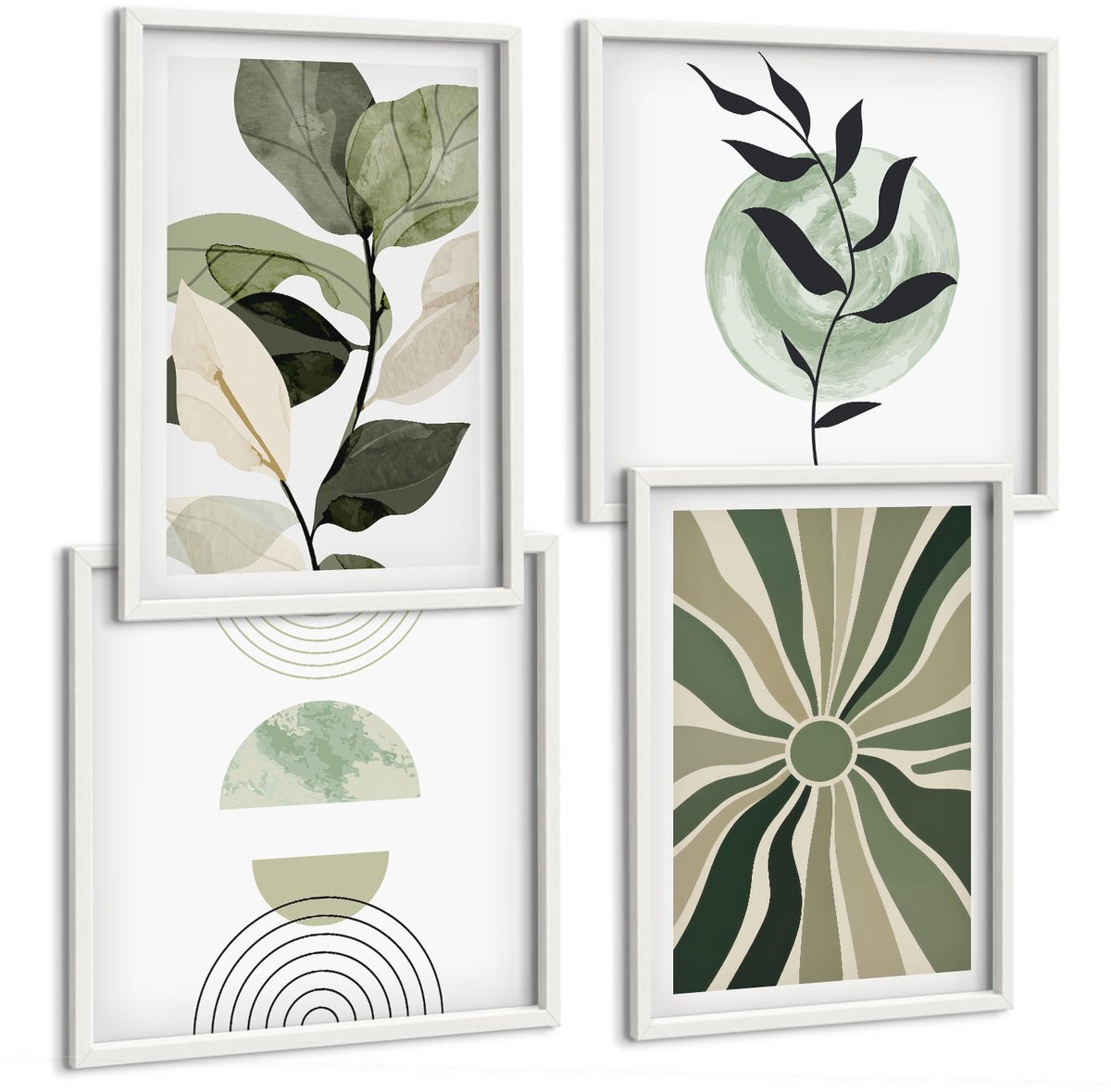 Tulup 4-Delige Schilderij Set - Plantmotieven met geometrische vormen in groen - 40x40 en 40x60 - Decoratieve Muurdecoratie - Slaapkamer - Interieur Decoratie
