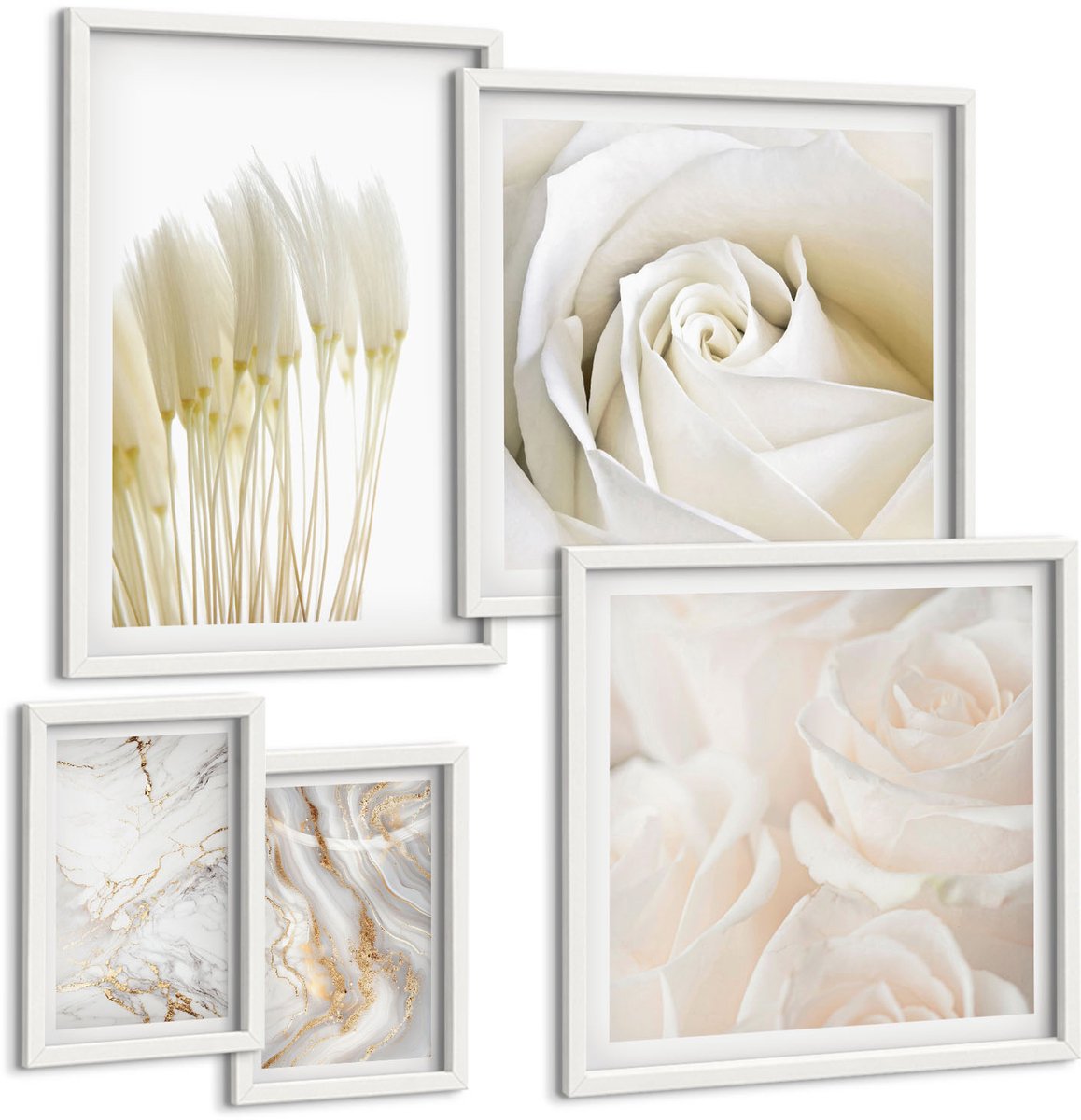 Tulup 4-Delige Schilderij Set - Elegante witte rozen en marmeren decoratieve accenten - 50 x 50 cm, 20 x 30 cm en 40 x 60 cm - Muurdecoratie - Wanddecoratie - Slaapkamer - Decoratieve Schilderijen