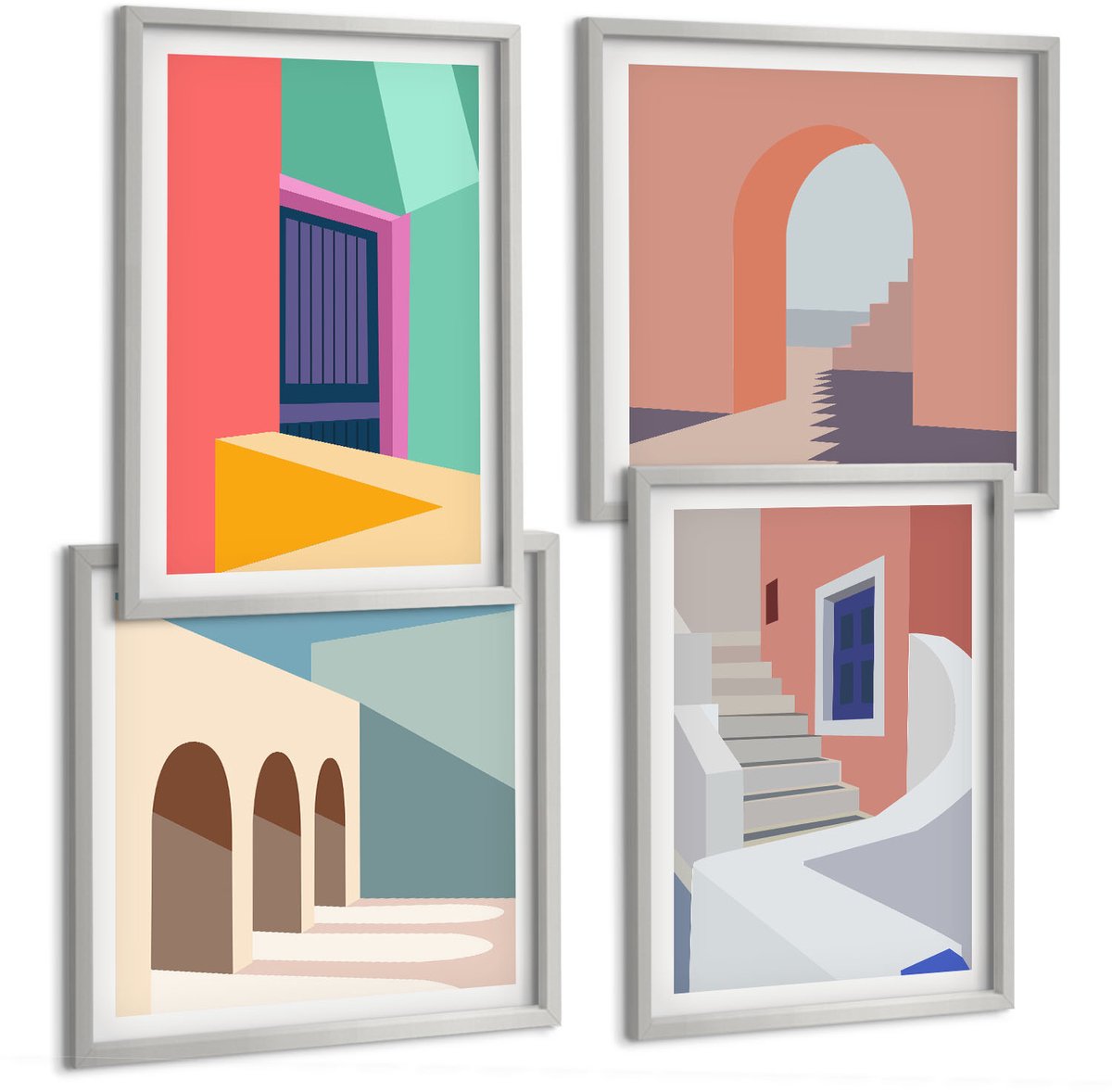 TULUP 4-Delige Schilderij Set - Kleurrijke illustraties van gebouwen in een moderne stijl. - 40 x 40 cm en 40 x 60 cm - Stijlvolle Wanddecoratie - Interieur - Interieur Decoratie Zilveren lijst