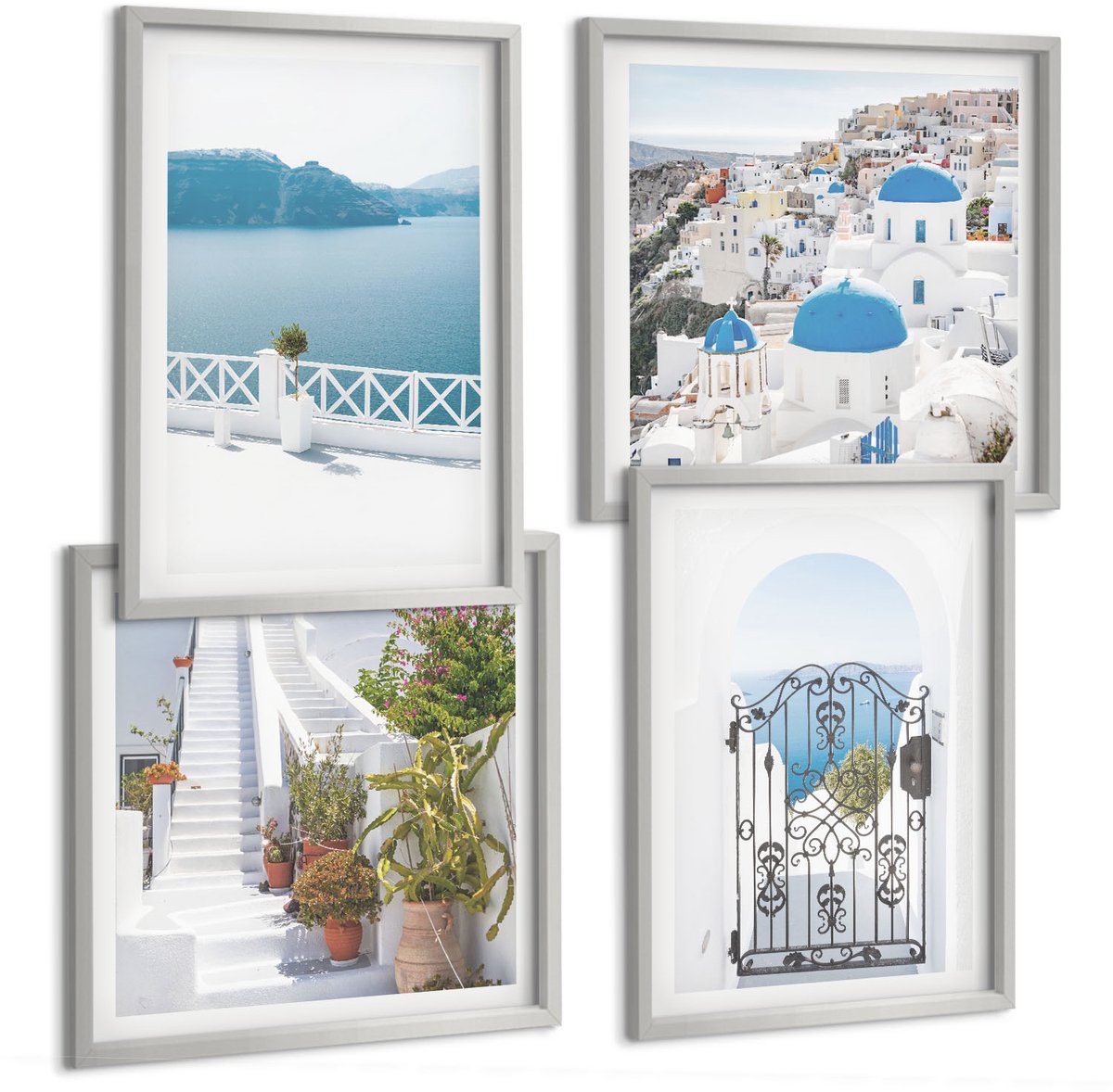 TULUP 4-Delige Schilderij Set - Witte trap met planten, uitzicht op zee en poort - 40 x 40 cm en 40 x 60 cm - Wanddecoratie - Schilderijen Set - Interieur - Woonkamer Decoratie Zilveren lijst