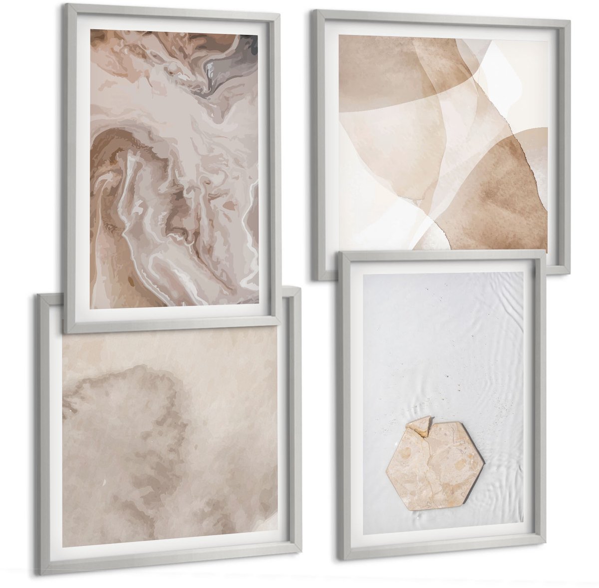 TULUP 4-Delige Schilderij Set - Abstracte vormgeving geïnspireerd door de natuur. - 40 x 40 cm en 40 x 60 cm - Muurdecoratie - Wanddecoratie - Slaapkamer - Decoratieve Schilderijen Zilveren lijst