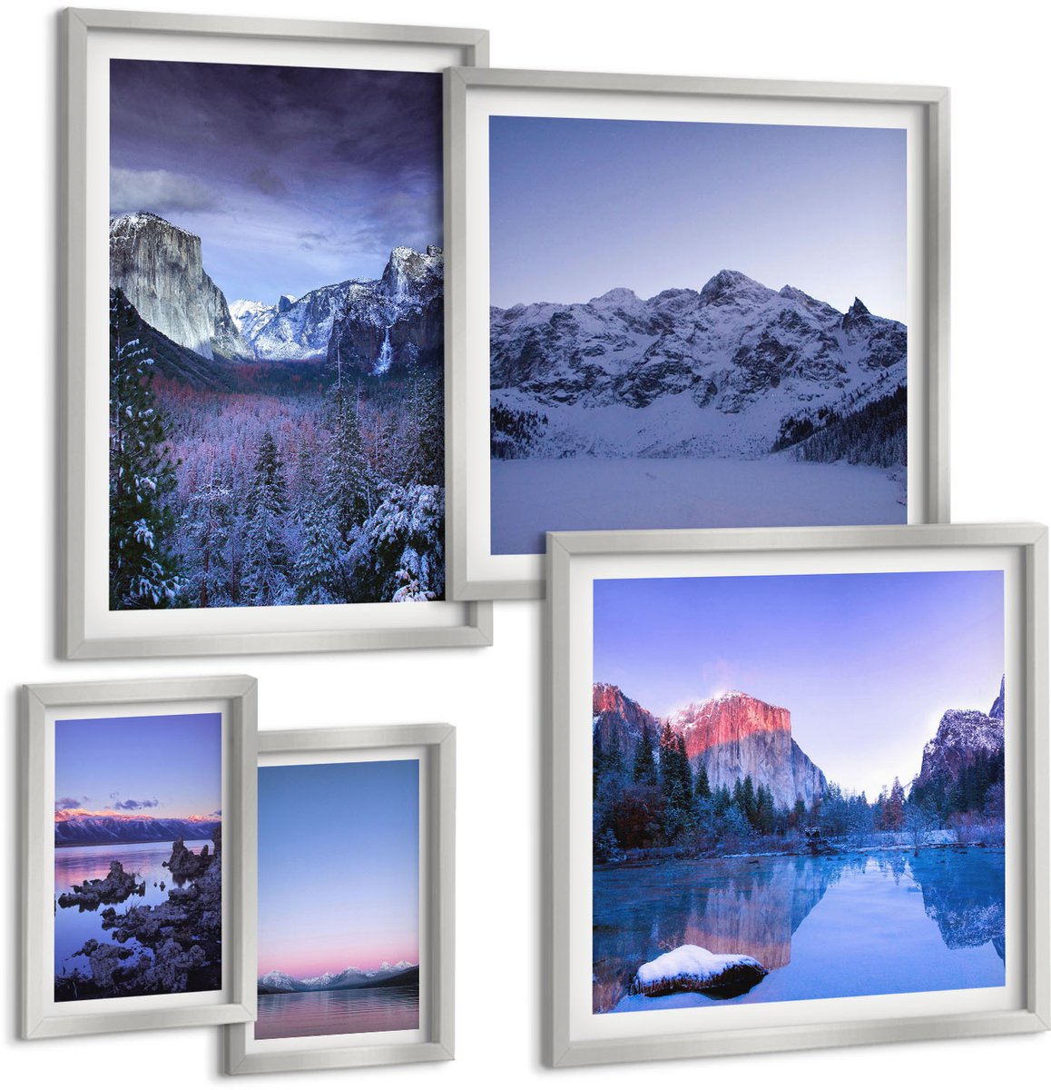 TULUP 4-Delige Schilderij Set - Berglandschappen met pittoreske meren en bossen - 50 x 50 cm, 20 x 30 cm en 40 x 60 cm - Stijlvolle Wanddecoratie - Interieur - Decoratieve Schilderijen Zilveren lijst