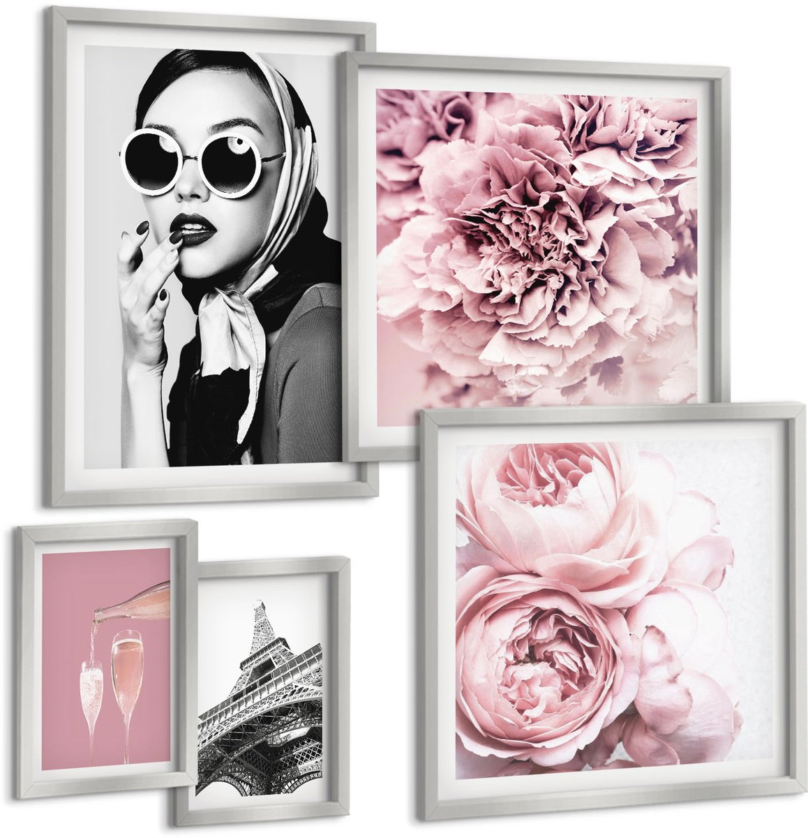 TULUP 4-Delige Schilderij Set - Stijlvolle portretten en bloemenaccenten in roze tinten - 50 x 50 cm, 20 x 30 cm en 40 x 60 cm - Muurdecoratie - Decoratieve Schilderijen - Wohnzimmer - Interieur Decoratie Zilveren lijst