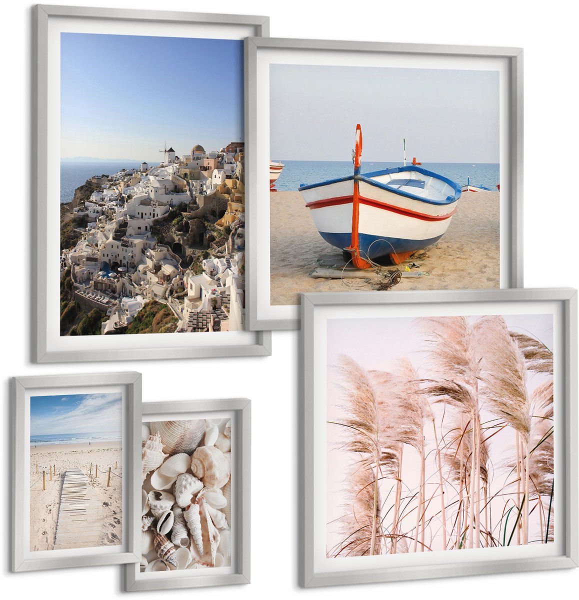 TULUP 4-Delige Schilderij Set - Kustlandschappen met stranden en witte gebouwen - 50 x 50 cm, 20 x 30 cm en 40 x 60 cm - Decoratieve Muurdecoratie - Slaapkamer - Moderne Wanddecoratie Zilveren lijst